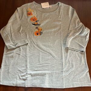 New Quacker Factory Gray Halloween Embroidered Pumpkin Shirt Size 2X